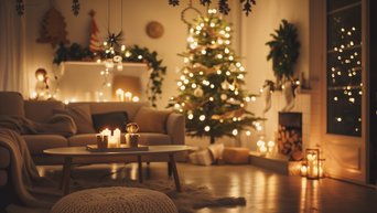 Gemütliches weihnachtliches Wohnzimmer mit Weihnachtsbaum und warmen Lichtern
